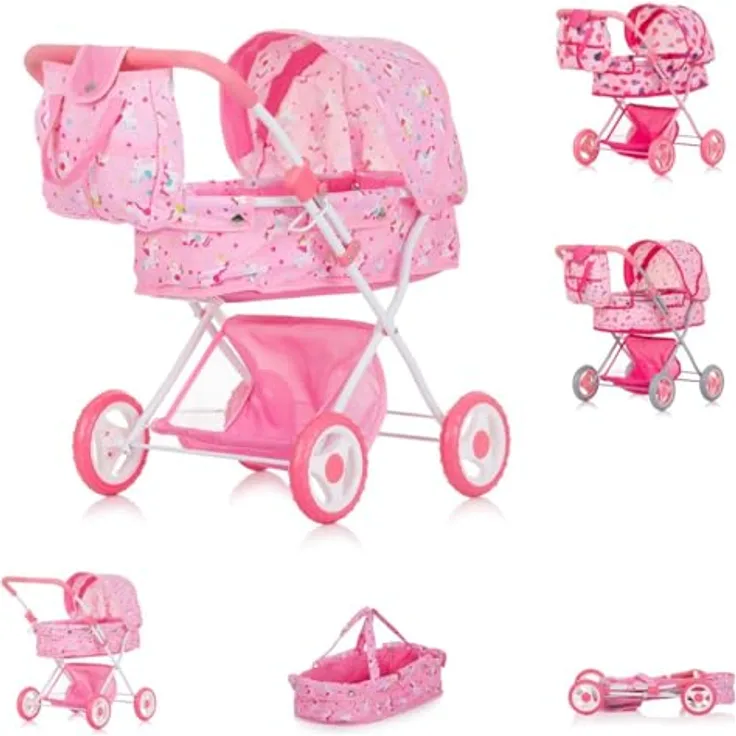 Chipolino Puppenwagen Dora, klappbar mit Softtragetasche, verstellbarem Sonnendach, Aufbewahrungskorb, Farbe: rosa