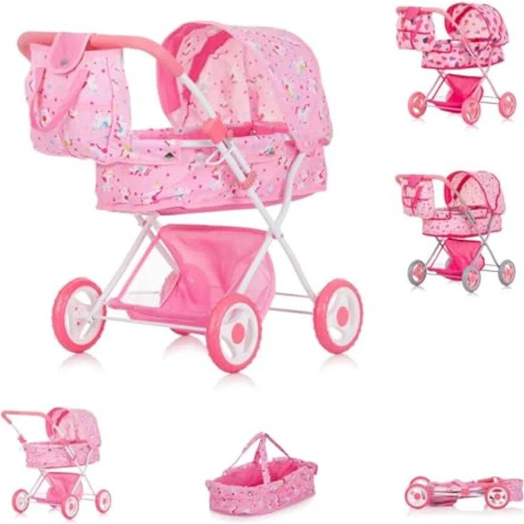 Chipolino Puppenwagen Dora, klappbar mit Softtragetasche, verstellbarem Sonnendach, Aufbewahrungskorb, Farbe: rosa – Bild 1