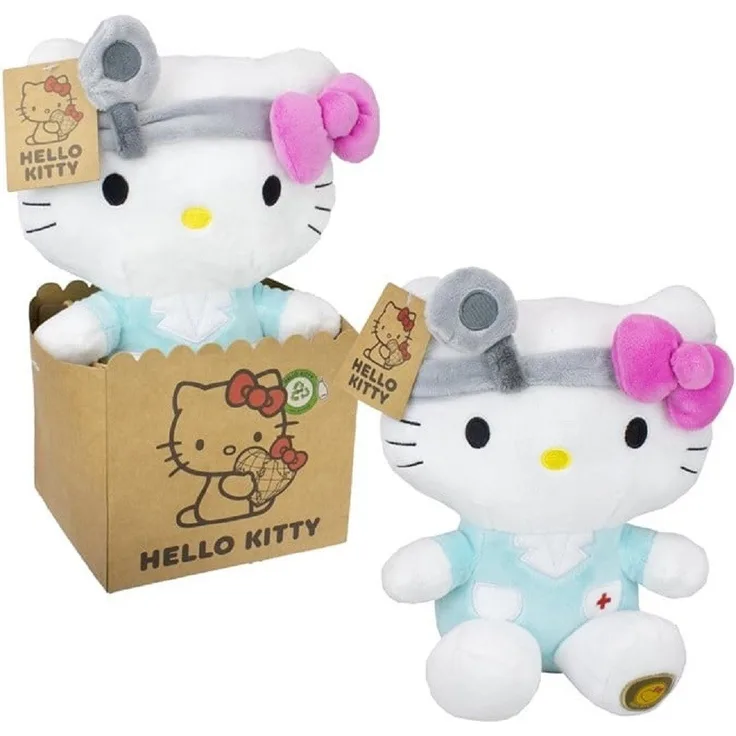 SANRIO Hello Kitty Plüschfigur 27 cm Arzt blau mit pinker Schleife, hochwertiges Kuscheltier mit liebevollen Details, Geschenk-Set