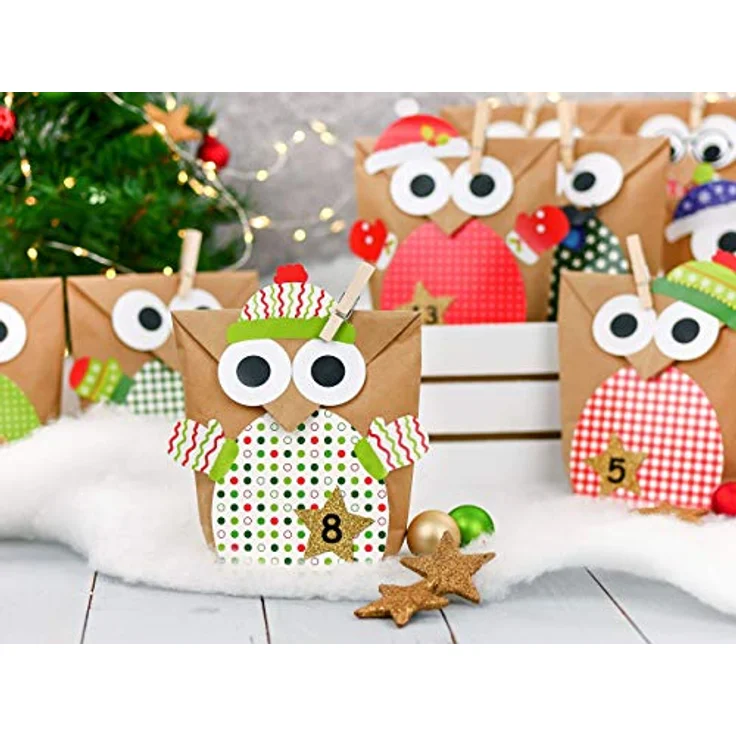Papierdrachen DIY Adventskalender zum Befüllen - Weihnachtseulen - Eulen Weihnachten - Set Rot mit zusätzlichen Aufklebern - zum selbst basteln - für Kinder – Bild 3