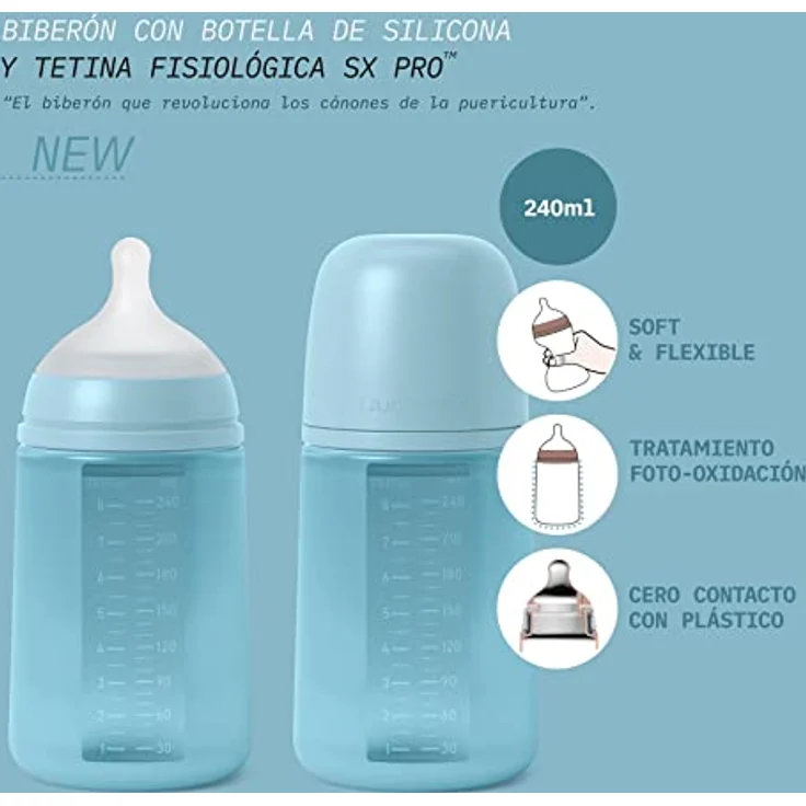 SUAVINEX Trinkflasche mit Silikonflasche, 240 ml, physiologischer Sauger SX Pro aus Silikon, anti-Kolik-Ventil, mittlere Durchflussflasche (M), für Babys ab 3 Monaten, Blau - Farbe Essence – Bild 5