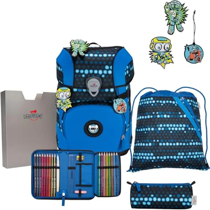 DerDieDas Schulranzen Set 5-TLG. ErgoFlex Tiny Superflash Blue Robot, ultraleicht mit ergonomischer Unterstützung