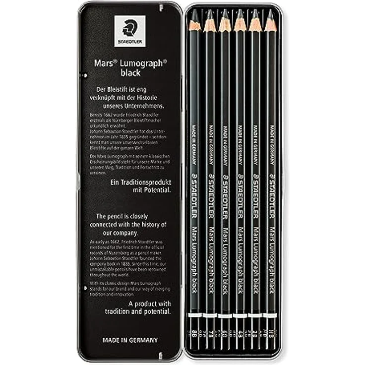 STAEDTLER Künstlerbleistift Mars Lumograph black, Premium-Bleistifte mit besonderer Minenrezeptur, 6 ST in Metalletui, 100B G6, Schwarz – Bild 2