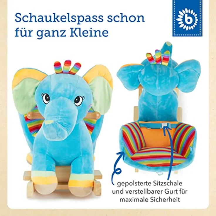 Bieco Plüsch Schaukeltier Elefant | Kinder Schaukelstuhl mit Sicherheitsgurt | Baby Schaukel | Schaukel Kleinkind | Schaukeltier Baby Zimmer | Baby Schaukelwippe ab 9 Monate | Schaukelpferd Holz – Bild 3