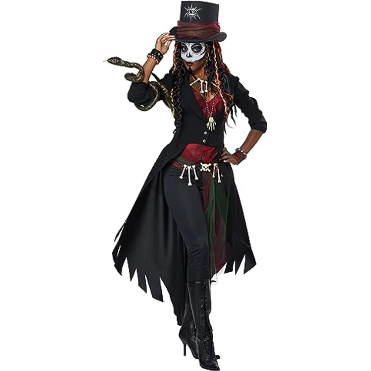 Metamorph Voodoo Mistress Kostüm, XL, mit frackähnlichem Mantel, roter Weste und Zylinderhut, inklusive Voodoo-Accessoires – Bild 3