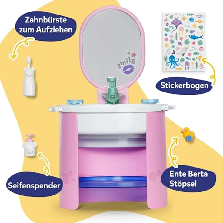 BABY Born Handwaschbecken, Puppenwaschtisch mit Wasserfunktion, inkl. Zahnbürste und Seifenspender, passend für 36cm und 43cm Puppen, farbenfrohe Unterwasserwelt-Sticker – Bild 2