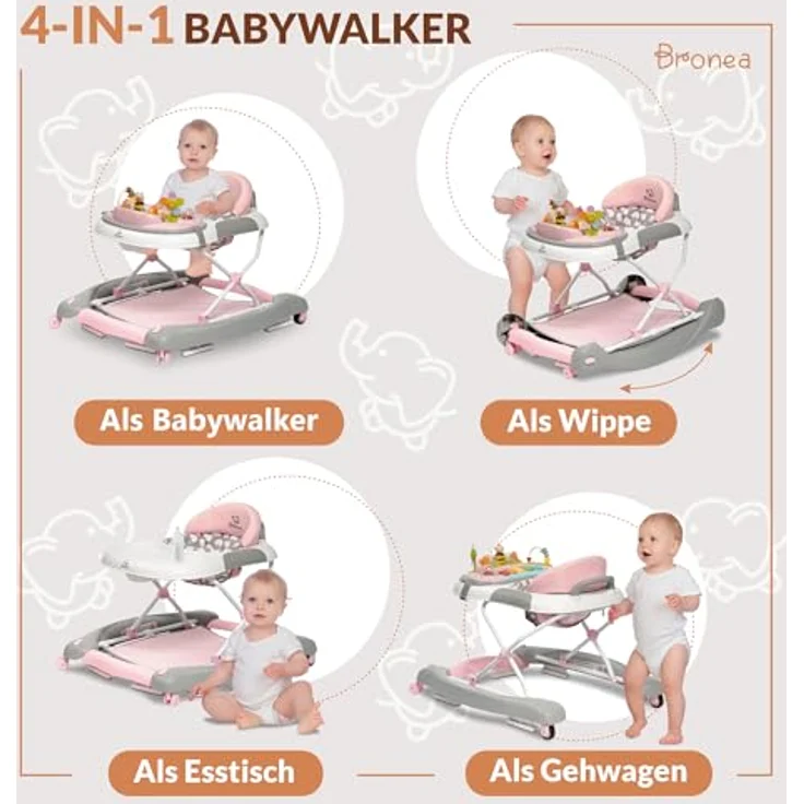 Bronea BRONEA® 4-in-1 Gehfrei Babywalker ab 6 Monate | Lauflernwagen mit Schaukelfunktion und Spielpaneel mit Musik | Höhenverstellbare und Klappbar | Lauflernhilfe mit leisen Rollen und Bremsen – Bild 2