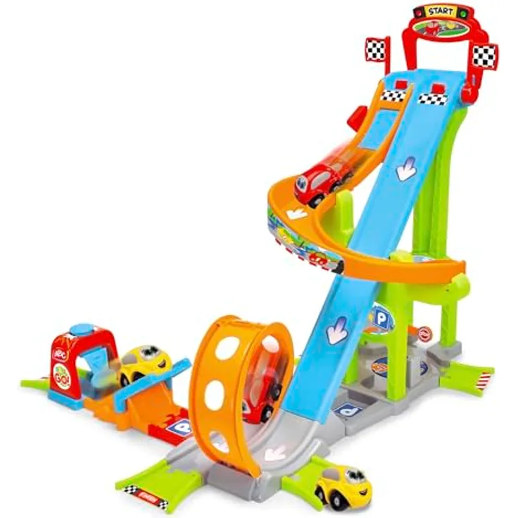 Dickie Toys ABC - Jays Jump N Fun Tower, Auto-Rennbahn für Kleinkinder ab 1 Jahr mit Looping, Schanze & 2 Spielzeugautos, 66x72x64 cm