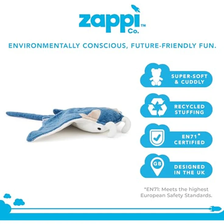 Zappi Co Manta-Rochen Plüschtier, weich gefüllt, 31-33 cm, grau, ideal zum Kuscheln, pädagogisch wertvoll – Bild 2