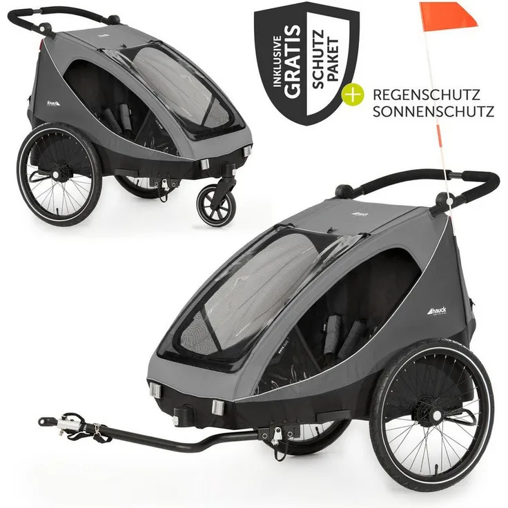 Hauck Fahrradkinderanhänger Dryk Duo - Grey, Fahrradanhänger Buggy für 2 Kinder mit Regen-und Sonnenschutz