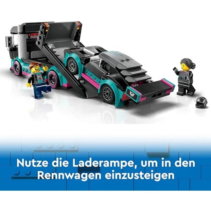 LEGO City Autotransporter mit Rennwagen, LKW-Spielzeug mit Verstellbarer Laderampe und Renn-Auto, Bauset mit 2 Minifiguren, Rennfahrer und LKW-Fahrer, Kinder ab 6 Jahren 60406 – Bild 3