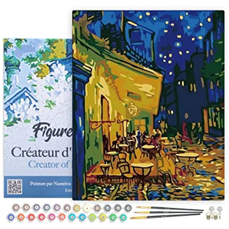Figured'Art Malen Nach Zahlen Erwachsene Mit Rahmen Van Gogh - Café - Paint by Numbers Basteln DIY Bastelset 40x50cm - Leinwand gespannt auf Holzrahmen – Bild 1
