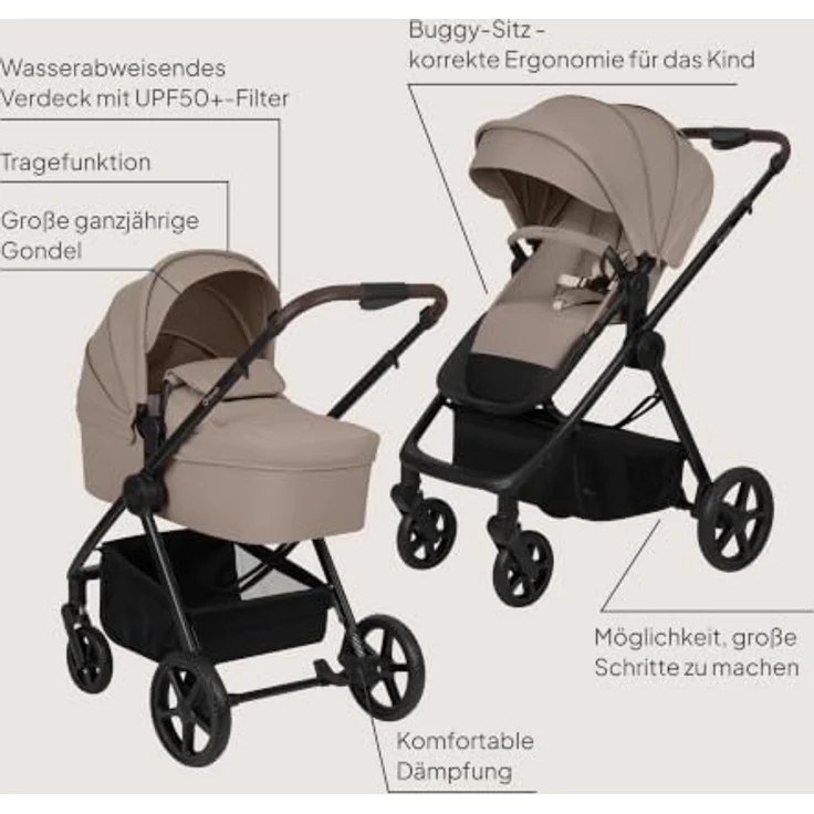 Lionelo Greet 3in1 Kombikinderwagen mit Babywanne, Sportsitz und Babyschale, leicht, federung, UPF50+, wendbar - Beige – Bild 12