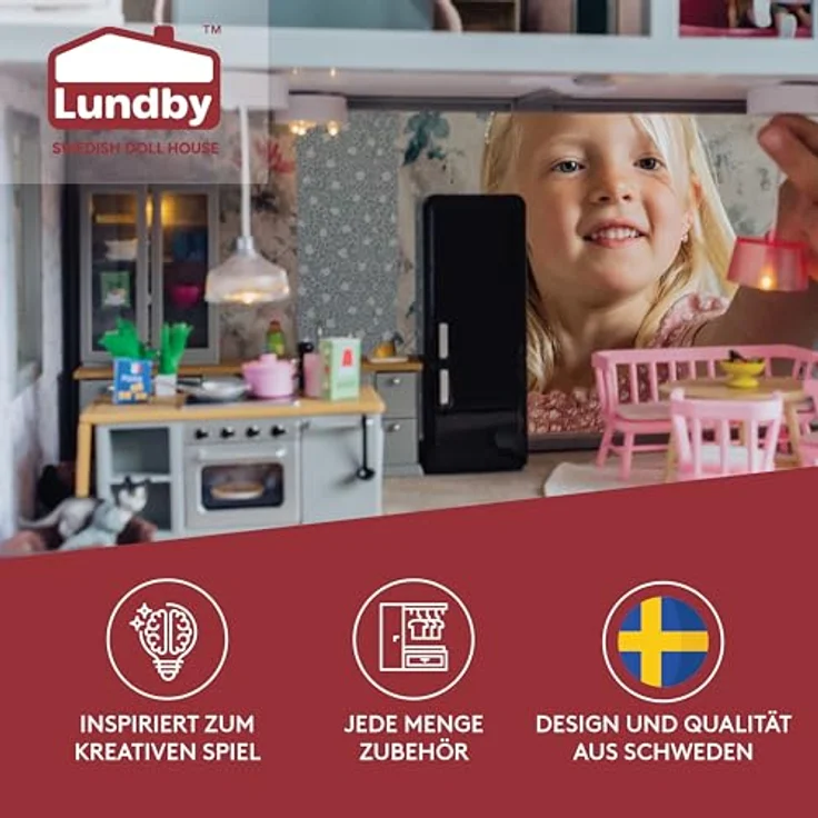 Lundby Puppenhausmöbel Herd und Kühlschrank-Set, 9-teilig in Grau und Schwarz mit LED-Beleuchtung und Küchenaccessoires – Bild 2