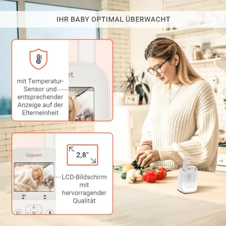 Gigaset Baby 300 Video, Video-Babyphone mit 2,8“ LCD-Bildschirm, Zwei-Wege-Audio, FHSS Technologie, Nachtlicht und Temperatursensor, Cream White/Warm Grey – Bild 4