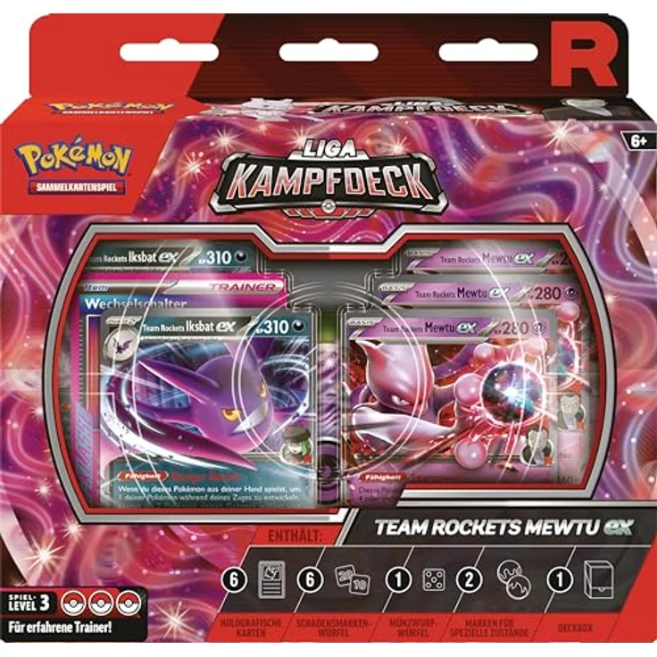 Pokémon PKM Liga-Kampfdeck Rockets Mewtu, spielbares Deck mit 60 Karten, inkl. Team Rockets Mewtu-ex und Iksbat-ex, Schadensmarken-Würfel und Strategieanleitung – Bild 2
