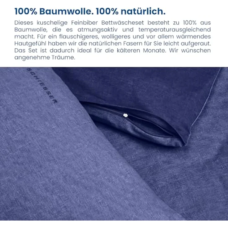 Schiesser Feinbiber Wendebettwäsche Doubleface, 100% Baumwolle, Farbe:Blau und Dunkelblau, Größe:135 cm x 200 cm – Bild 3