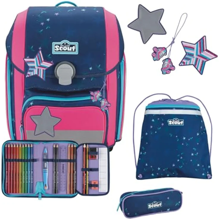 Scout Genius DIN Pretty Star 2024, Schulranzen-Set 4-tlg. mit höhenverstellbaren Schultergurten, 19 Liter Volumen, stabiler Bodenplatte und Magnetschloss, rosa – Bild 1