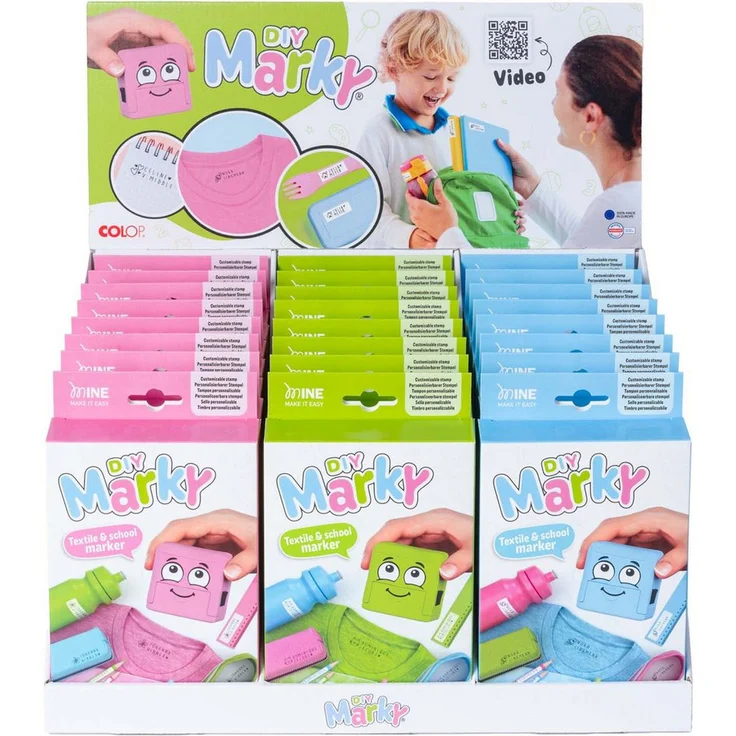 COLOP Schreibgeräteetui COLOP 167196 Markierungsstempel-Set "DIY Marky" für Textilien, Karton-Display mit 24 Stempeln, Maße: 380 x 280 x 390 mm