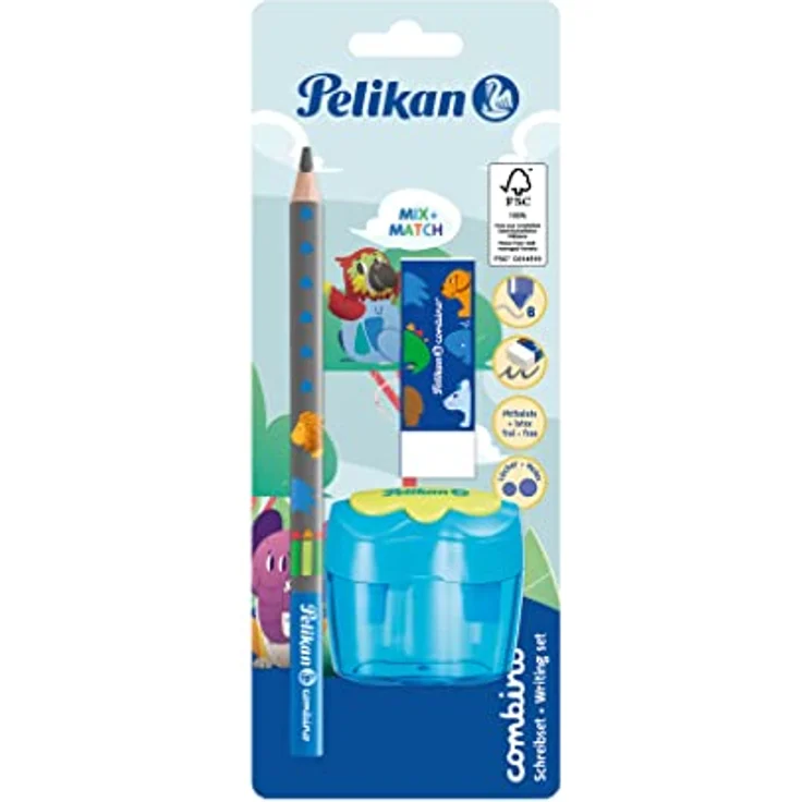 Pelikan Combino Anspitzer Starterset, 3tlg. mit Schreiblernbleistift B, Doppeldosenanspitzer und Radierer, Farbe blau – Bild 1