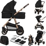 Lionelo Kombikinderwagen Amber 2 in 1 - Black Onyx, Aluminiumgestell, mit Babywanne & Sportsitz, luftgefüllte Reifen, inkl. Regenschutz und Zubehör
