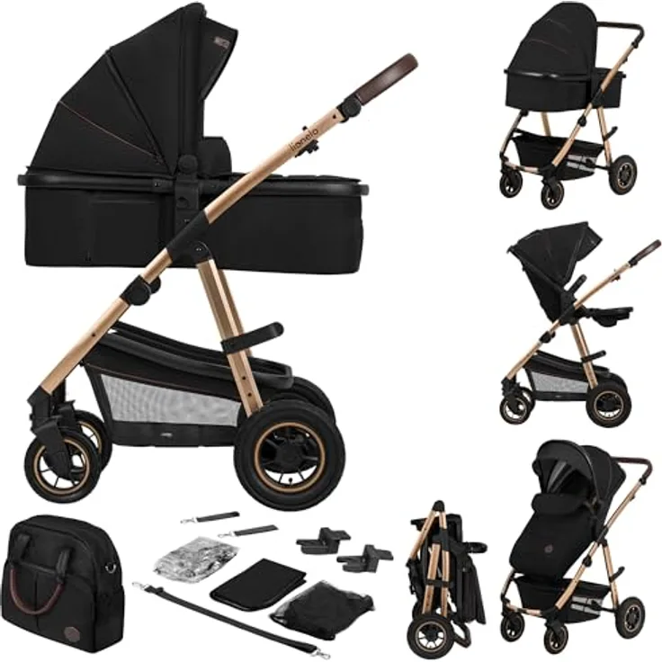 Lionelo Kombikinderwagen Amber 2 in 1 - Black Onyx, Aluminiumgestell, mit Babywanne & Sportsitz, luftgefüllte Reifen, inkl. Regenschutz und Zubehör