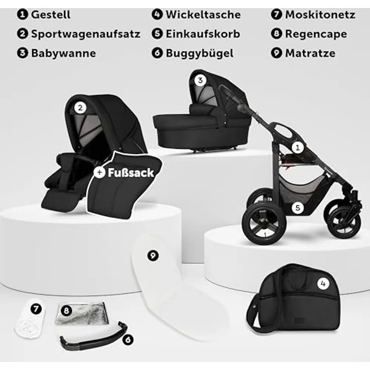 Bergsteiger Capri Kombikinderwagen 2-in-1, Babywanne & Sportsitz, Luftreifen, Federung, höhenverstellbarer Griff, faltbar, inkl. Zubehör – Bild 3