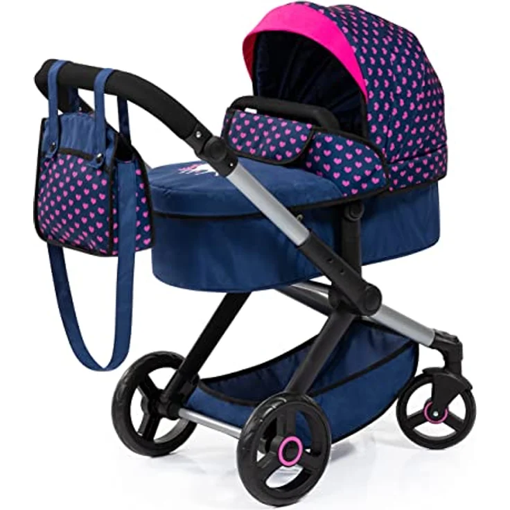 Bayer Design Kombi-Puppenwagen Xeo Herzchen dunkelblau rosa – Bild 2