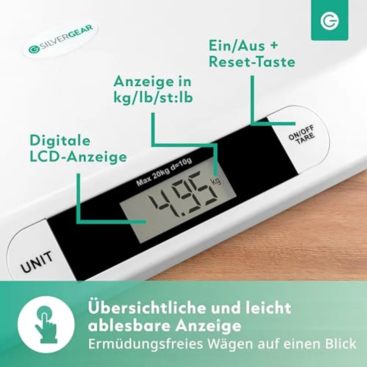 Silvergear® Babywaage, Digitale Kinderwaage bis 20 kg mit LED Anzeige, 54,5 x 31,5 x 3,5 cm, weiß – Bild 5
