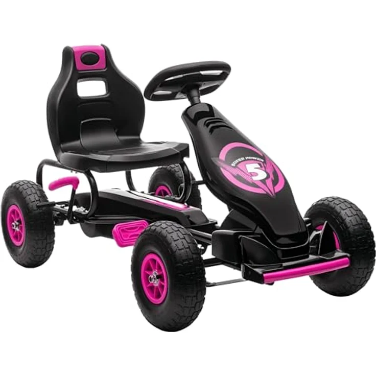 HOMCOM Go-Kart Kinderfahrzeug mit verstellbarem Sitz, Tretfahrzeug, Handbremse, für 5-12 Jahre Kinder, Rosa, Schwarz – Bild 2