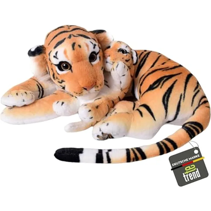 TE-Trend 2in1 XL Plüsch Tiger mit Tigerbaby, liegendes Kuscheltier aus braun getigtem Plüsch, 60 cm groß