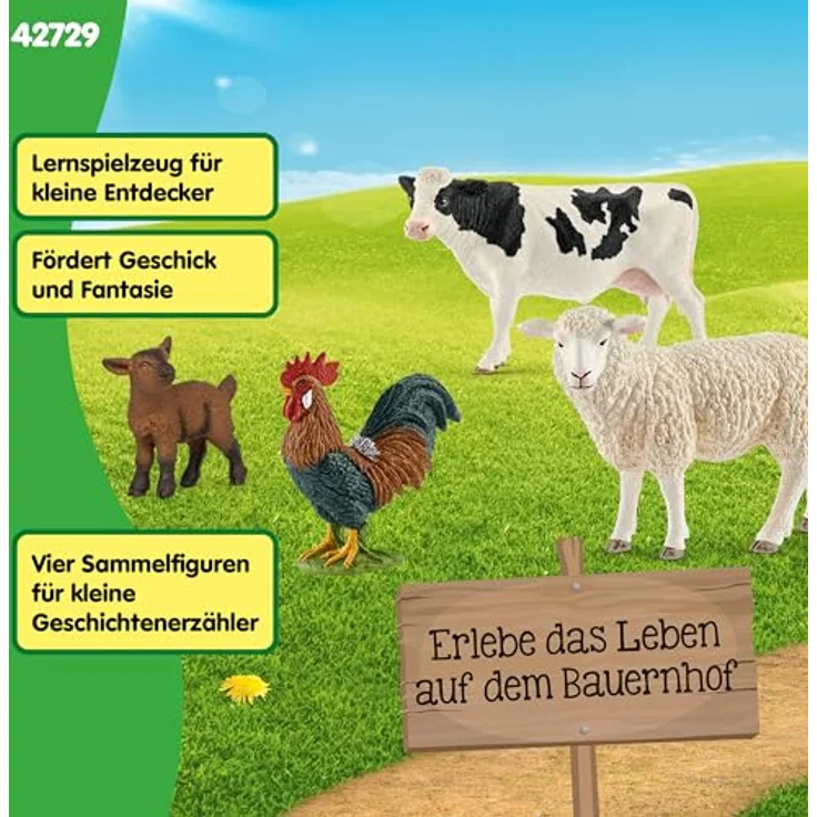 Schleich Farm World Starter-Set Bauernhof, enthaltene Tiere: Holstein Kuh, Hahn, Schaf und Zicklein, naturgetreu gestaltet – Bild 6