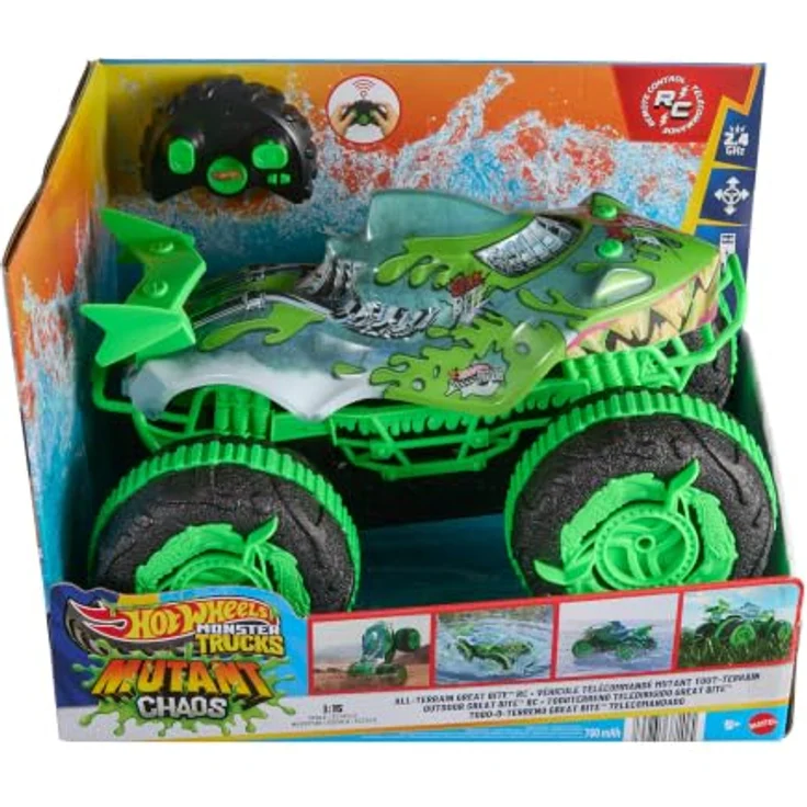 Hot Wheels Monster Trucks All-Terrain Great Bite, ferngesteuertes Spielzeug für Land und Wasser, 1:15 Maßstab, Mehrfarbig – Bild 6