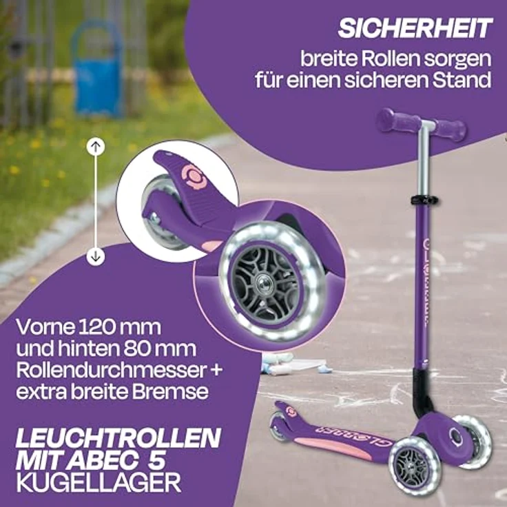 Authentic Sports Globber Primo Foldable Plus Light, Kinder-Scooter lila-pastellrosa mit LED-Leuchtrollen und Klappmechanismus – Bild 2
