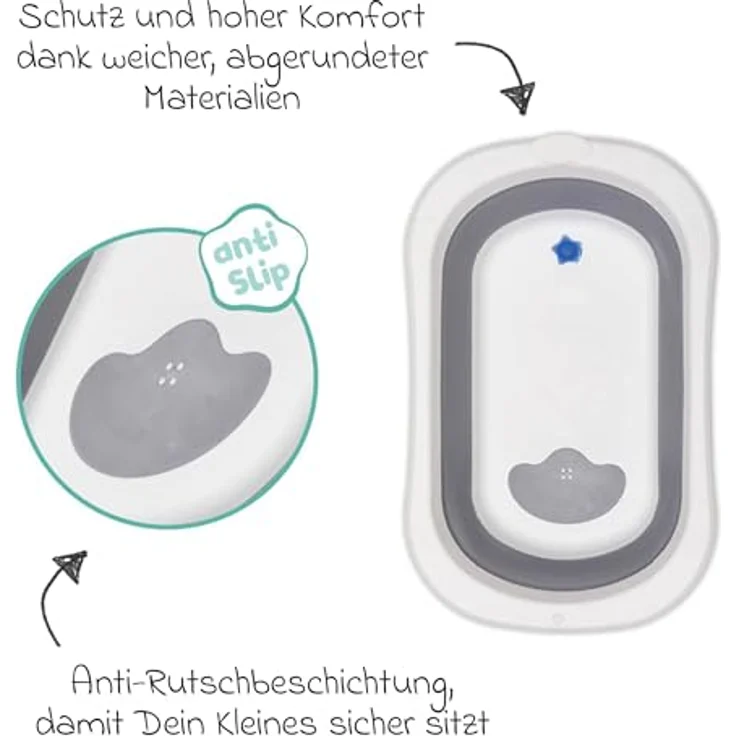 Fillikid Orca Faltbadewanne, Babybadewanne grau-weiss mit anti-rutsch Beschichtung und sicherem Stöpsel für optimale Wassertemperatur – Bild 2