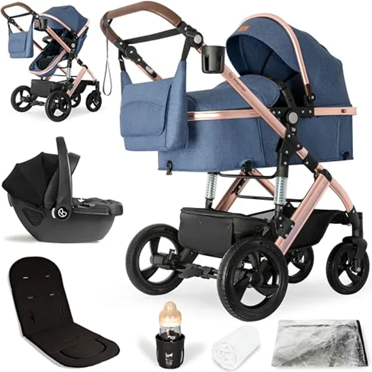 Bergsteiger Nizza 3 in 1 Kinderwagen, Komplettset mit Auto-Babyschale, Babywanne & Buggy Sportsitz, Isofix Station optional, in verschiedenen Farben