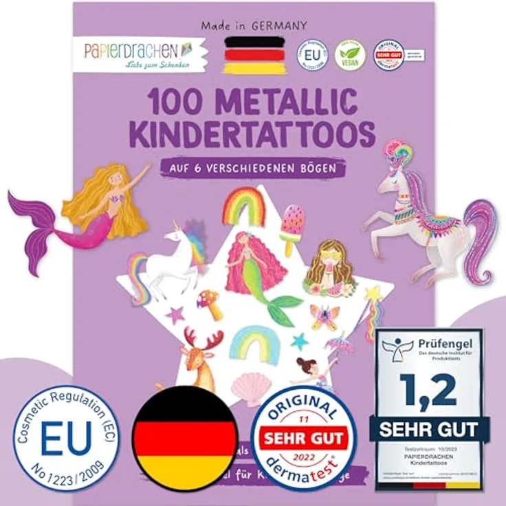 Papierdrachen 100 Metallic-Tattoos, hautfreundliche Kindertattoos Einhorn und Regenbogen, vegan, in Deutschland hergestellt, 6 Bögen Silber