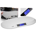 ADLER EUROPE AD 8139 Baby-Waage bis 20 kg, LCD-Display mit Hintergrundbeleuchtung, Haltefunktion, Tara-Funktion, Präzision 0,01 kg, Plattform 56x26 cm, Weiß