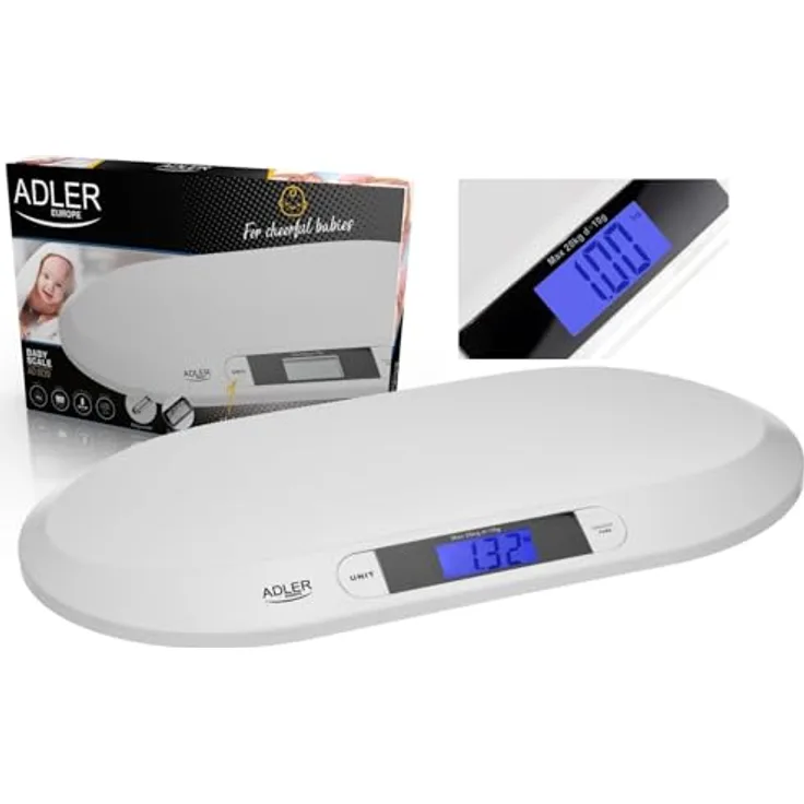 ADLER EUROPE AD 8139 Baby-Waage bis 20 kg, LCD-Display mit Hintergrundbeleuchtung, Haltefunktion, Tara-Funktion, Präzision 0,01 kg, Plattform 56x26 cm, Weiß