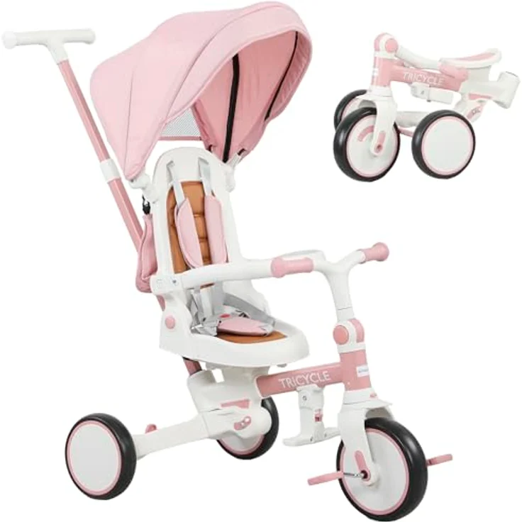 AIYAPLAY Dreirad 5-in-1 mit Schubstange, faltbar, reversibler Sitz, Fußstütze, ausziehbares Sonnendach, Sicherheitsgurt, rosa, für 1-3 Jahre – Bild 1