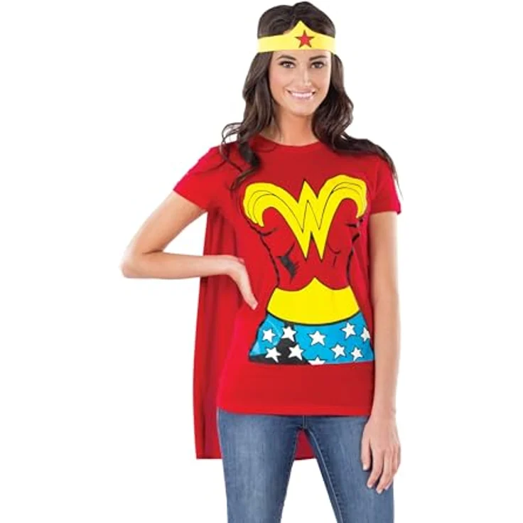 Rubies Wonder Woman Fan-Set (L), dreiteiliges Kostüm-Set mit T-Shirt, Stirnband und Cape, rot/gold – Bild 1