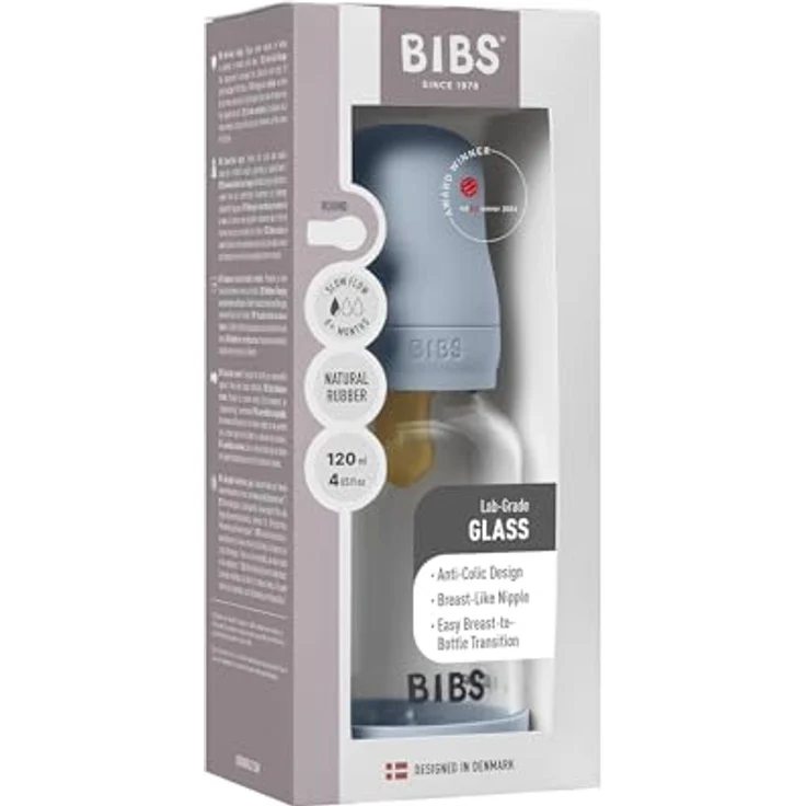 BIBS Baby Glasflasche 120ml, runder Sauger aus Naturkautschuklatex, vermindert Koliken, unterstützt das Stillen, Baby Blue – Bild 5