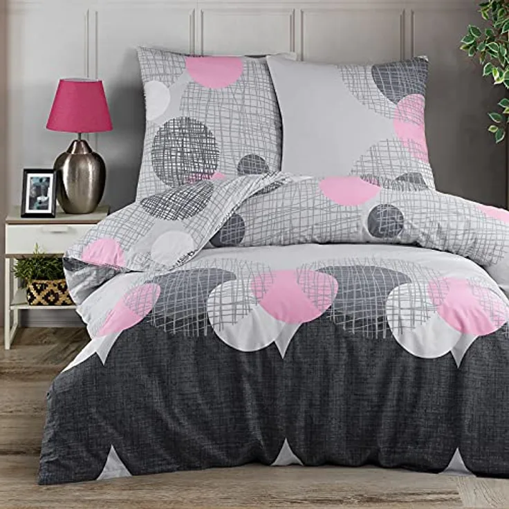 Buymax Bettwäsche 135x200 Baumwolle 2-Teilig Bettgarnitur mit Bettbezug und Kissenbezug 80x80 Renforce Gitter-Muster Kreise Netz Bettwäsche-Set, Antrazit-Grau Rosa