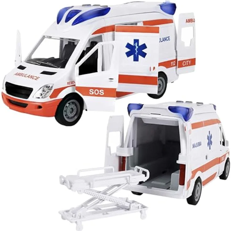 KRUZZEL Rettungswagen Krankenwagen Ambulanzwagen Spielzeugauto Licht & Sound 22731, weiß orange blau, mit realistischen Türen, Trage und beeindruckenden Licht- und Soundeffekten – Bild 3