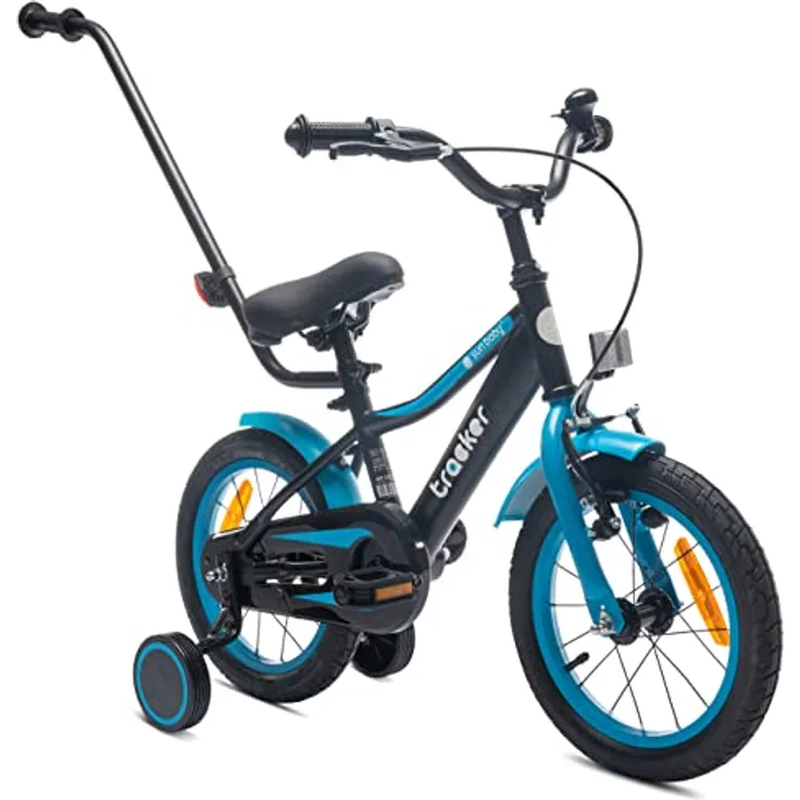 sun baby Jungenfahrrad 14 Zoll Tracker Bike mit Stützrädern und Schubstange, Blau, ab 2-6 Jahre