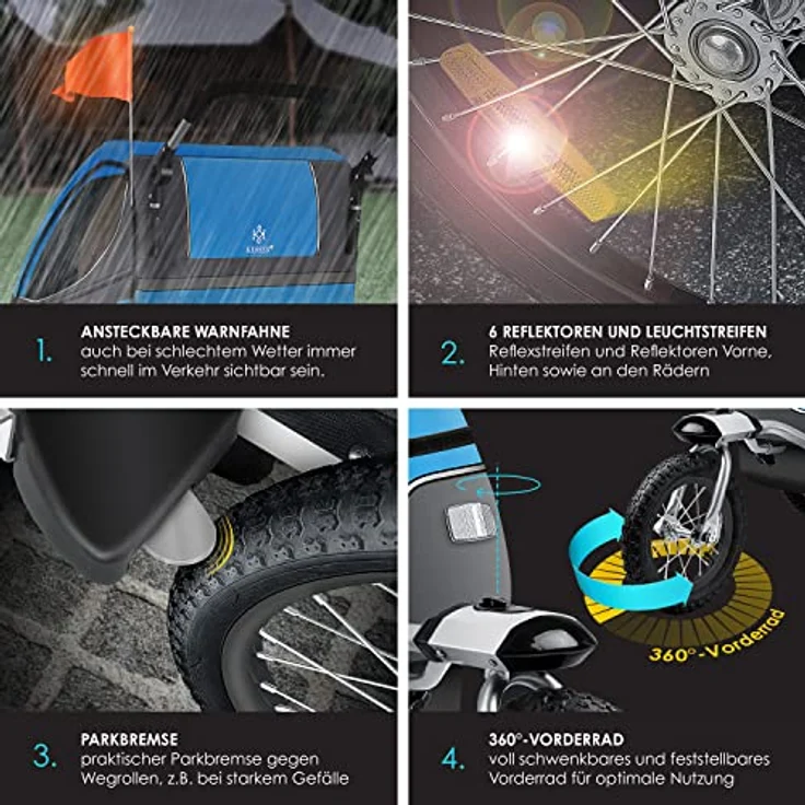 KESSER® Cruiser Kinderanhänger Fahrradanhänger 360° Drehbar mit Federung 2in1 Joggerfunktion Kinderfahrradanhänger + 5-Punkt Gurt Jogger Fahrrad Anhänger für 1 bis 2 Kinder max. 40kg Blau – Bild 5
