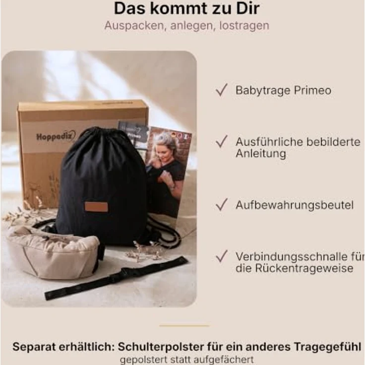 Hoppediz Babytrage Primeo, Vollschnallentrage ab Geburt (2,5 kg), Bauch- und Rückentrage aus 100 % Bio-Baumwolle, querelastischer Tragetuchstoff – Bild 8