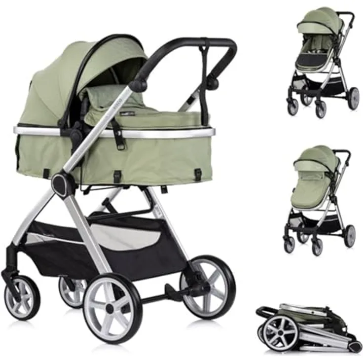 Chipolino Kombikinderwagen 2 in 1 Vista, mit Wickeltasche, Fußabdeckung und verstellbarem Sonnendach, grün