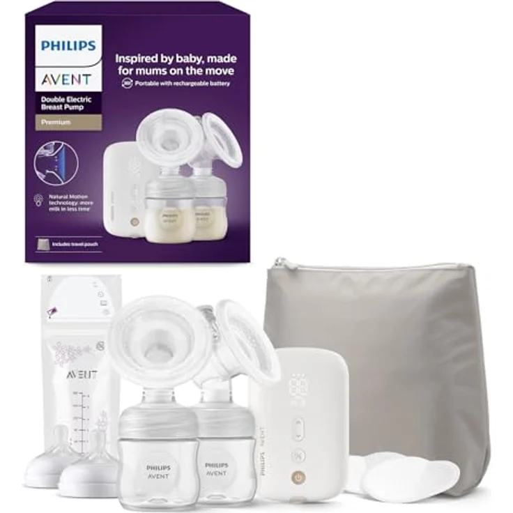 Philips AVENT Doppelmilchpumpe Premium SCF398/31, mit Natural Motion Technologie, wiederaufladbarem Akku, Timer-Anzeige und geschlossenem Abpumpsystem – Bild 1