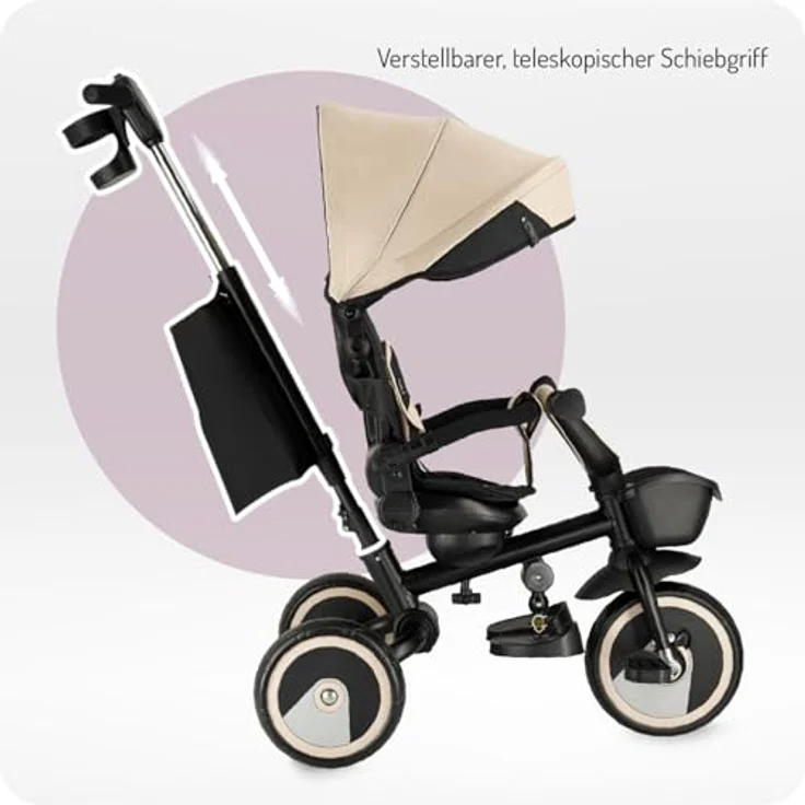 MoMi IVI 3-in-1 Kinderdreirad, beige, mit 360° drehbarem Sitz, Schiebestange & Sonnendach, 3-Punkt-Gurt, PU-Räder – Bild 4